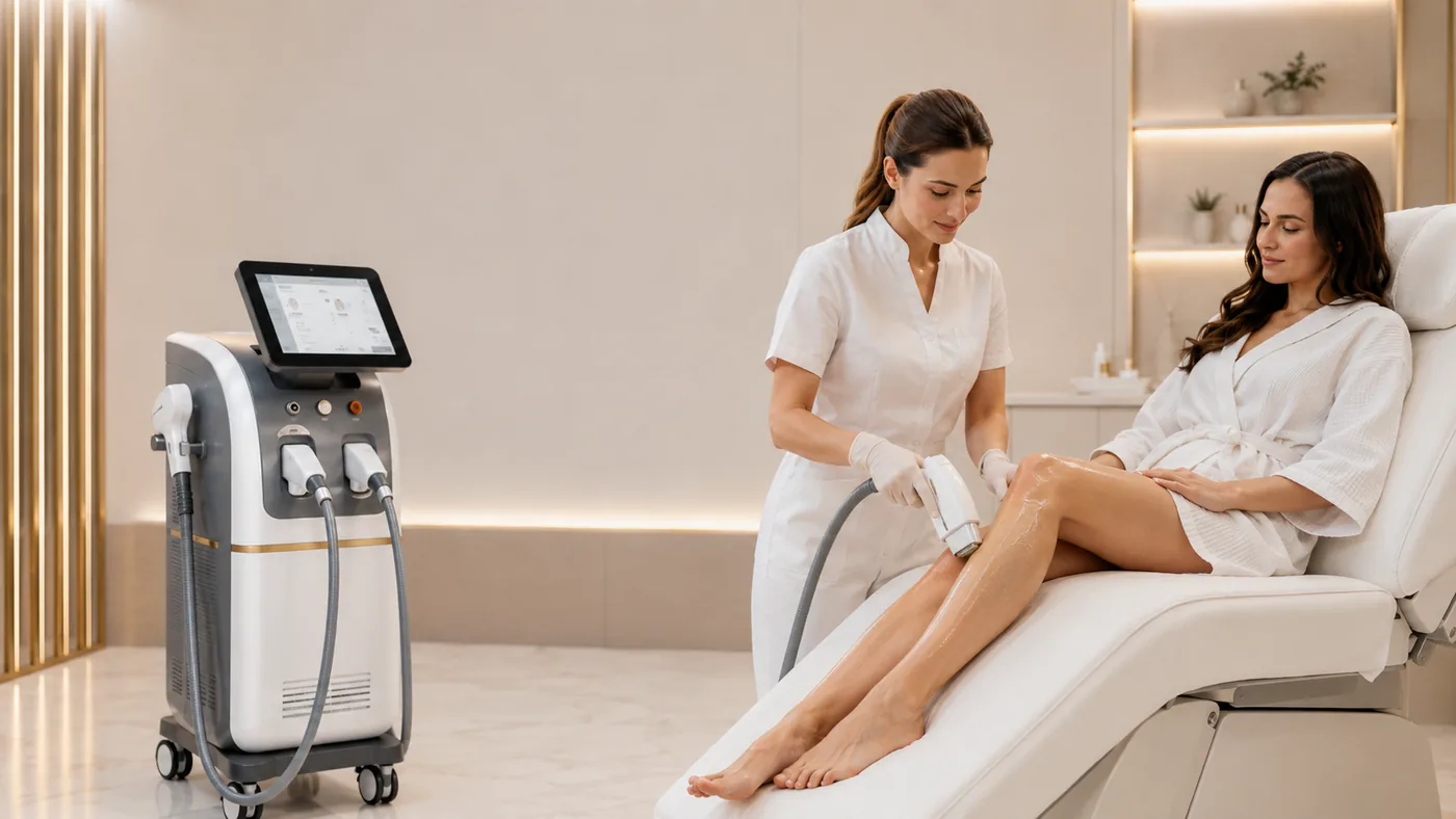 Aesthetician using a diode laser hair removal machine on a client