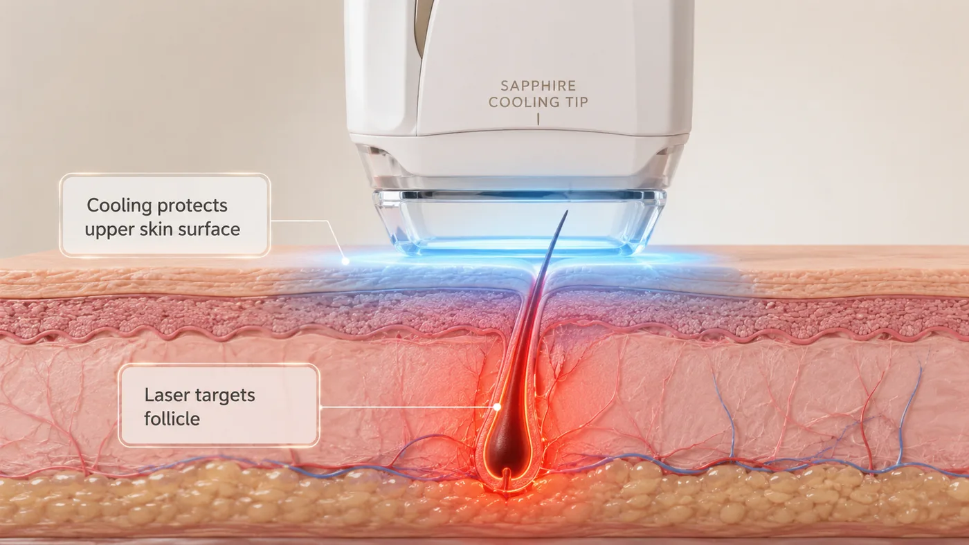 Sapphire cooling tip protecting the upper skin while the laser targets the follicle