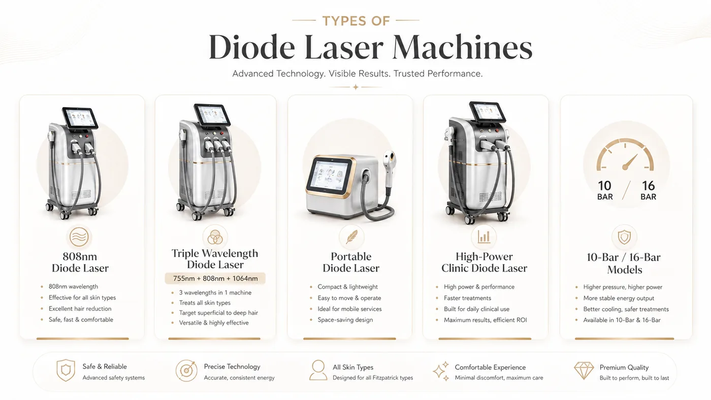 Types of diode laser machines including 808nm, triple wavelength, portable and high power clinic models
